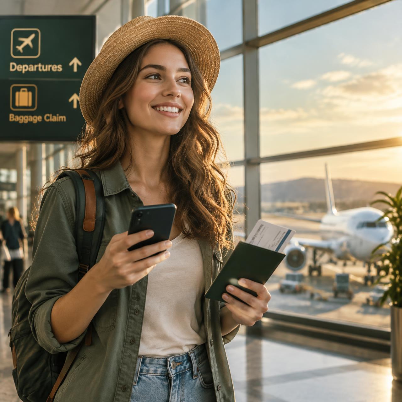 Traveler at the airport with her phone and passport